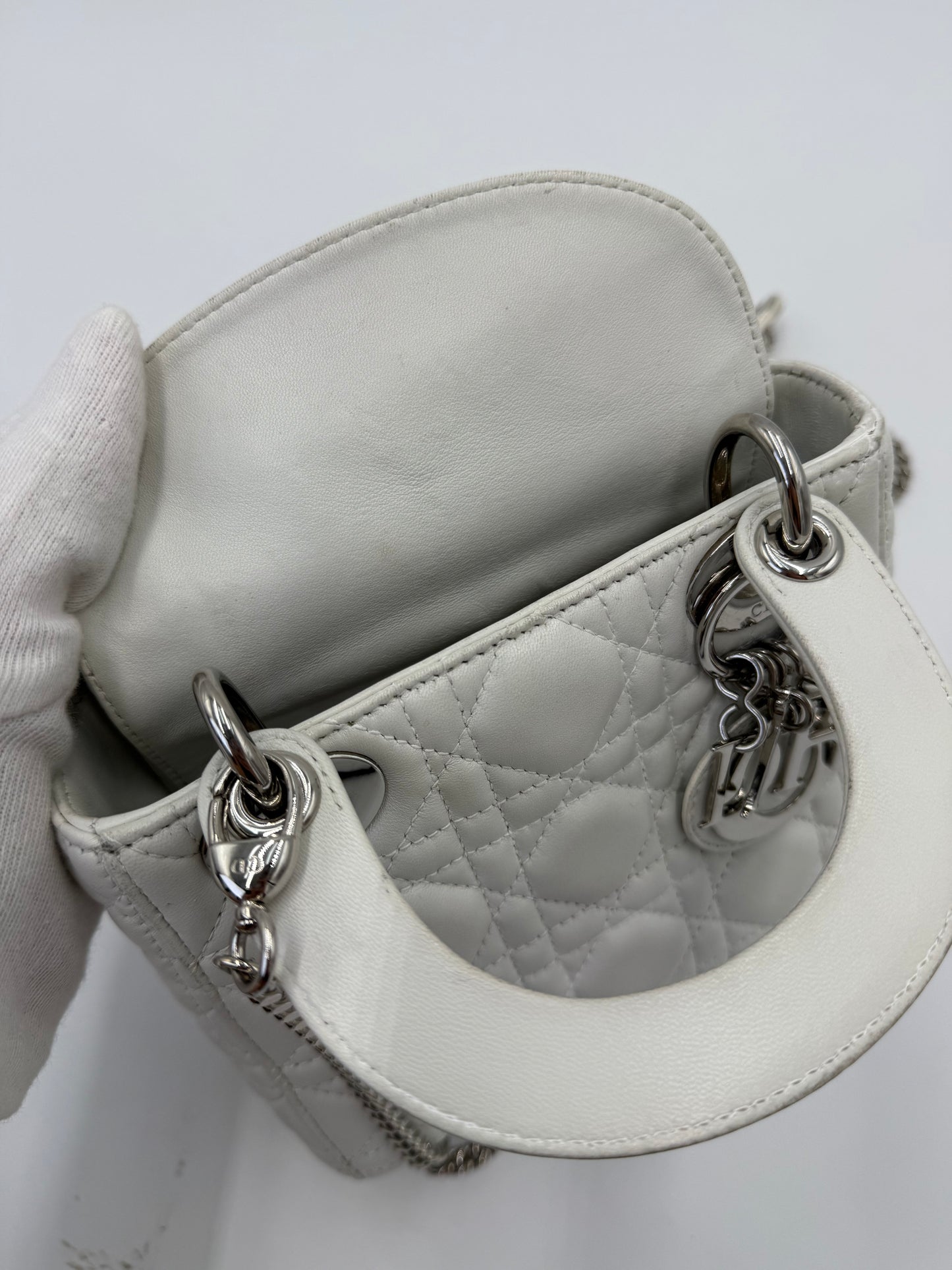 Christian Dior Borsa Lady Dior Mini in Pelle Cannage Bianco