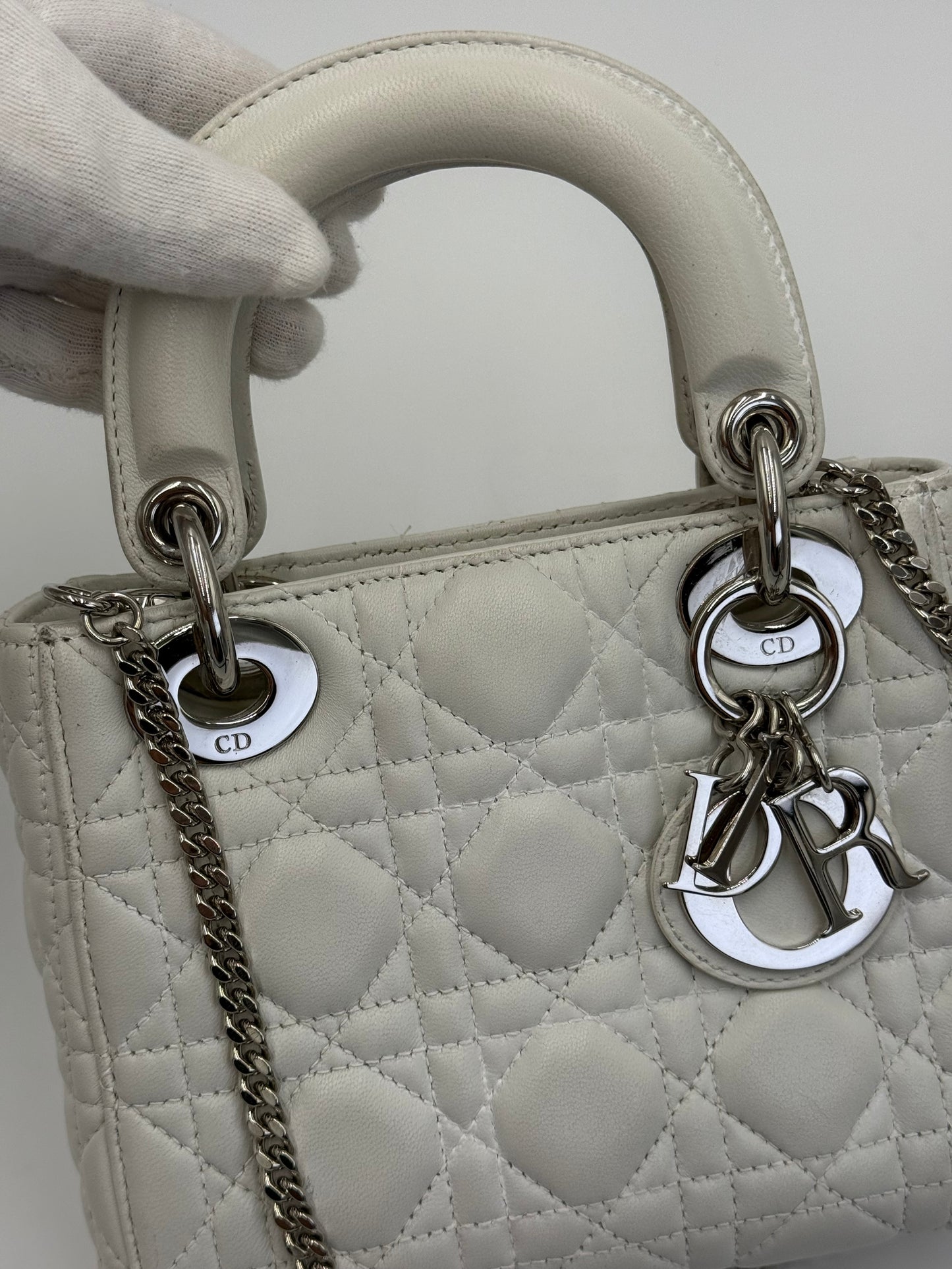 Christian Dior Borsa Lady Dior Mini in Pelle Cannage Bianco