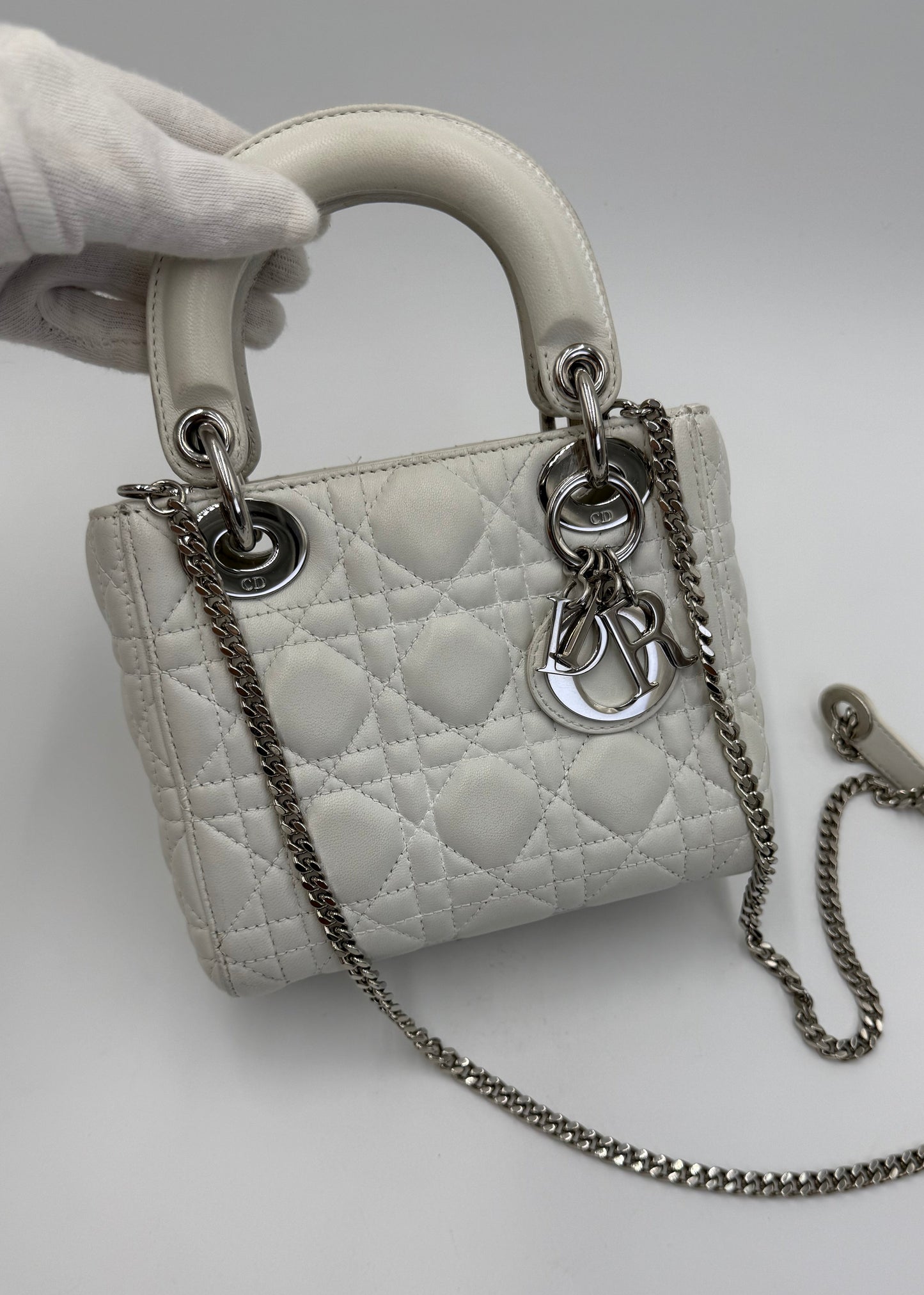 Christian Dior Borsa Lady Dior Mini in Pelle Cannage Bianco