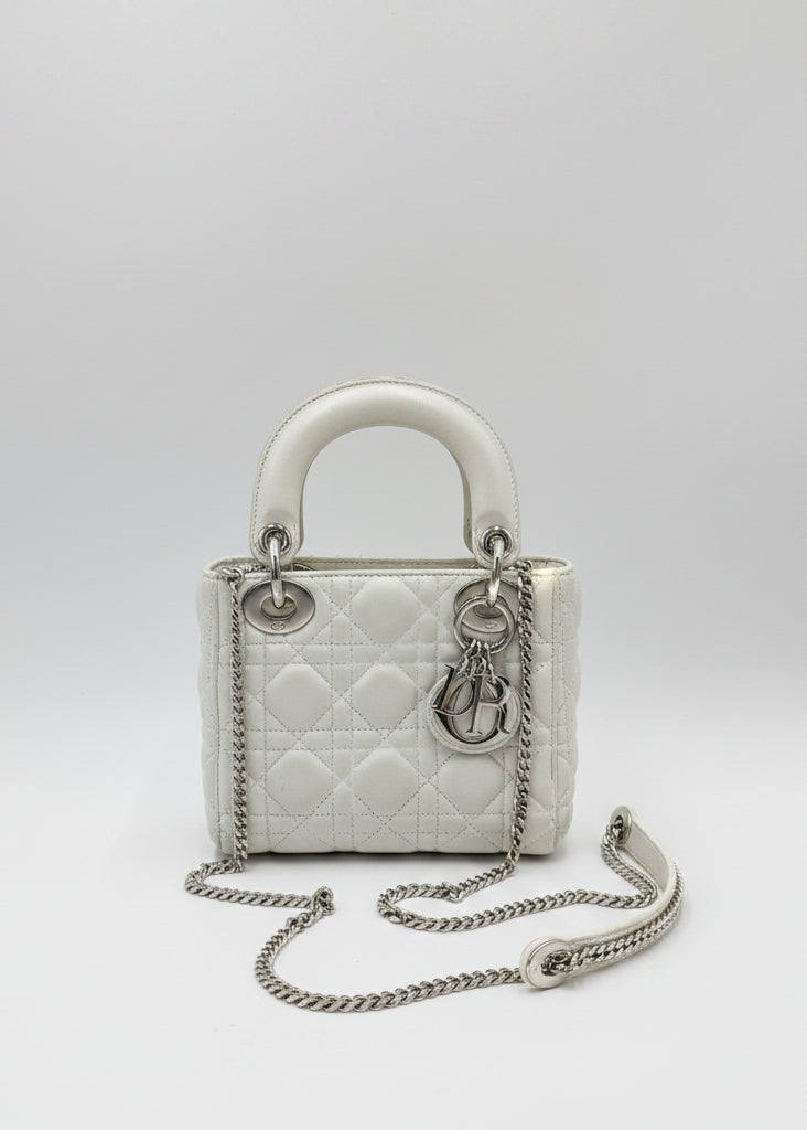 Christian Dior Borsa Lady Dior Mini in Pelle Cannage Bianco