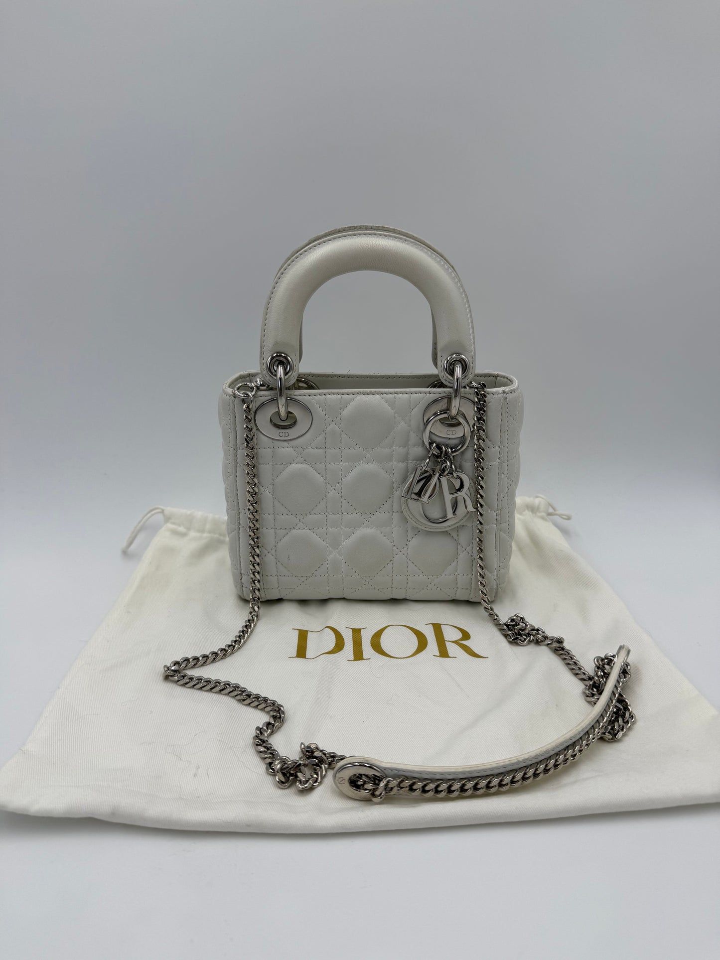 Christian Dior Borsa Lady Dior Mini in Pelle Cannage Bianco