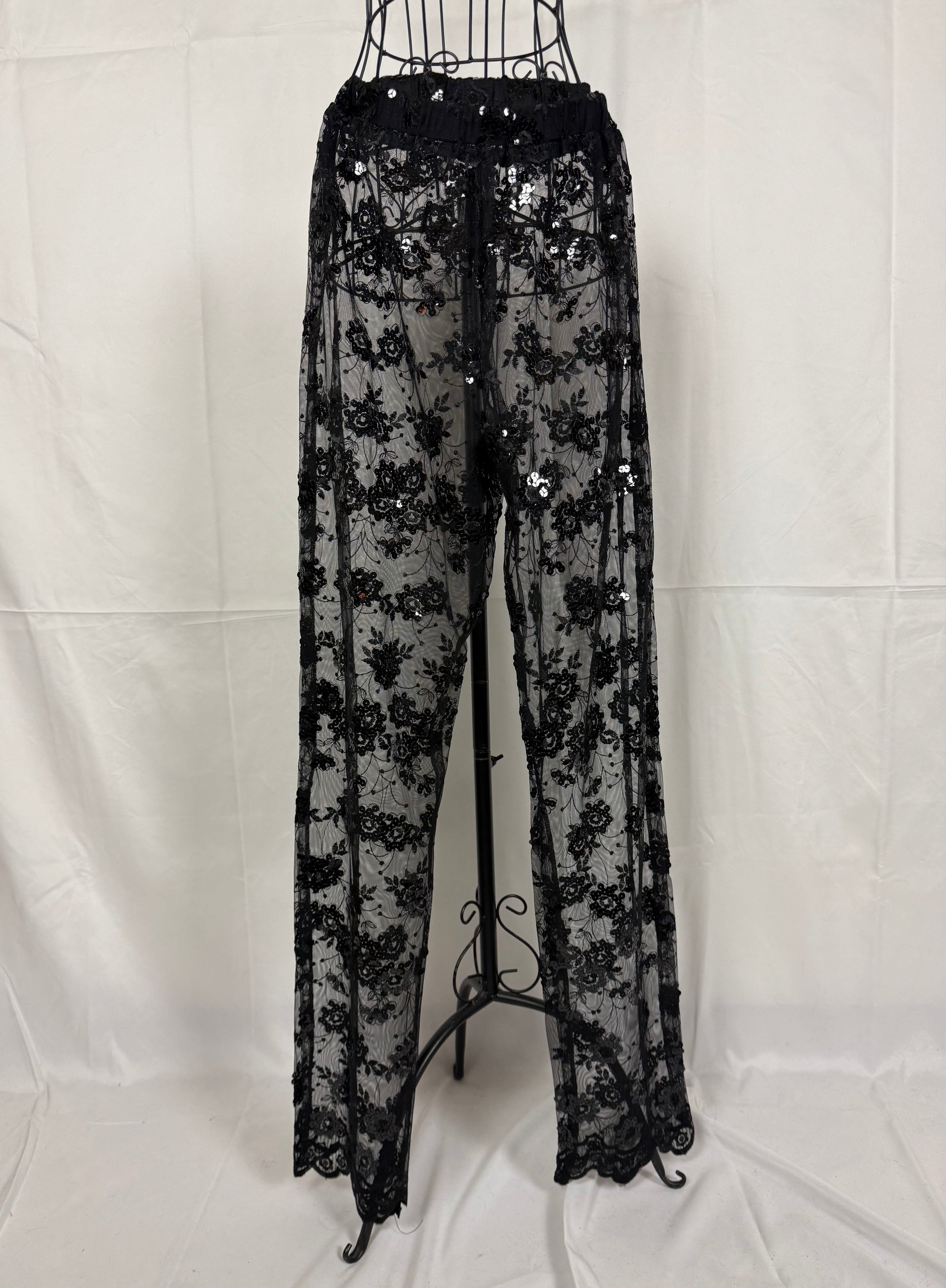 Completo Vintage Vestaglia Lunga e Pantaloni in Pizzo con Paillettes Nero - Pally Vintage Closet