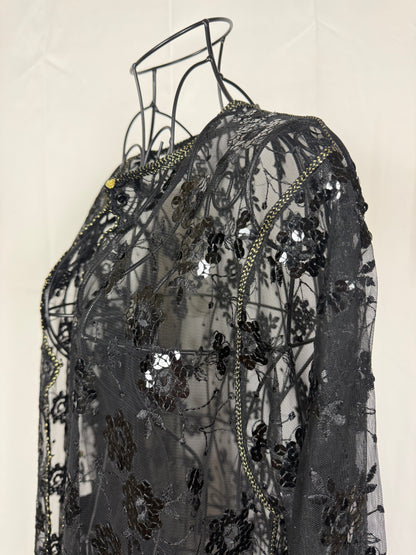 Completo Vintage Vestaglia Lunga e Pantaloni in Pizzo con Paillettes Nero - Pally Vintage Closet