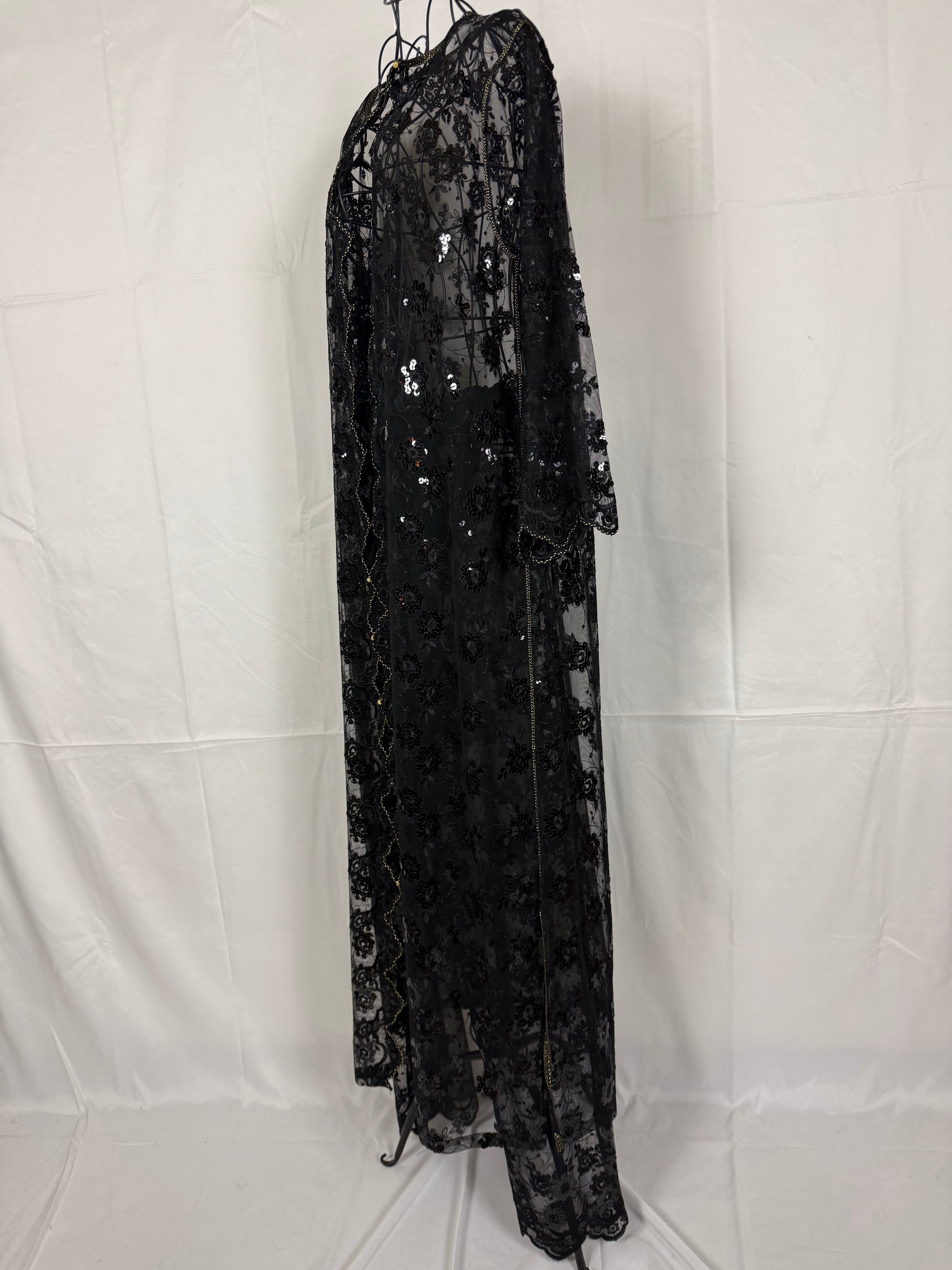 Completo Vintage Vestaglia Lunga e Pantaloni in Pizzo con Paillettes Nero - Pally Vintage Closet
