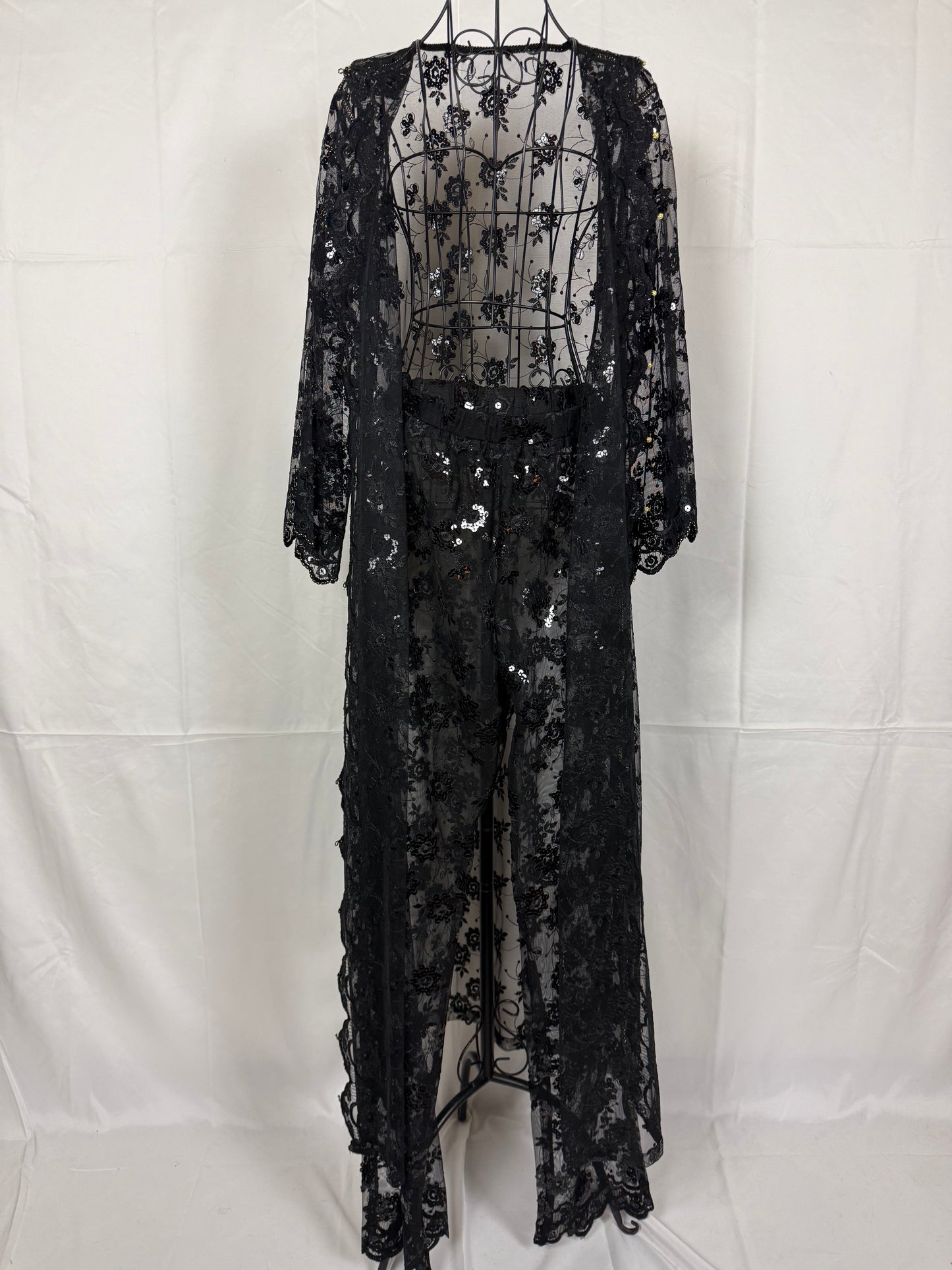 Completo Vintage Vestaglia Lunga e Pantaloni in Pizzo con Paillettes Nero - Pally Vintage Closet