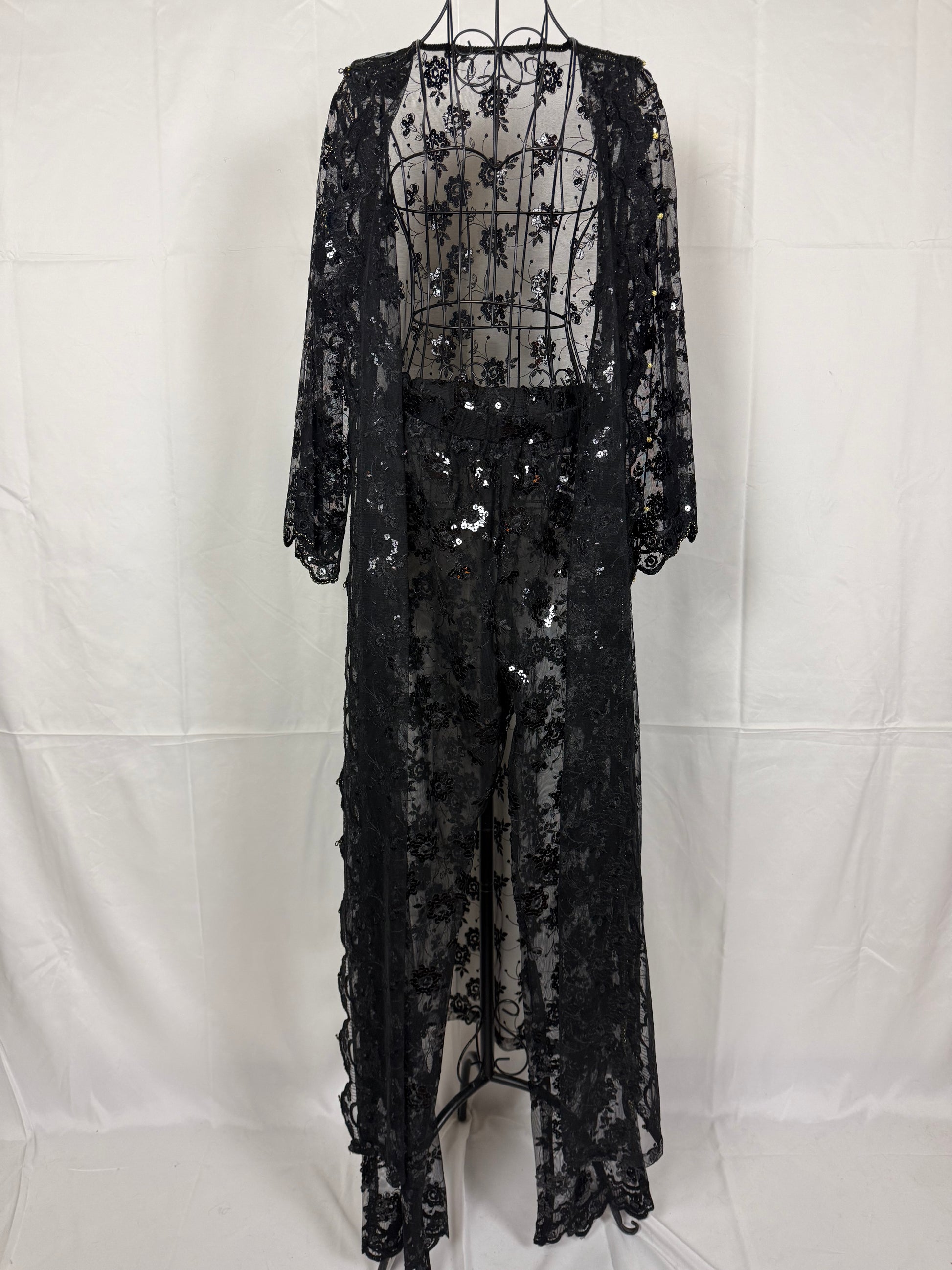 Completo Vintage Vestaglia Lunga e Pantaloni in Pizzo con Paillettes Nero - Pally Vintage Closet