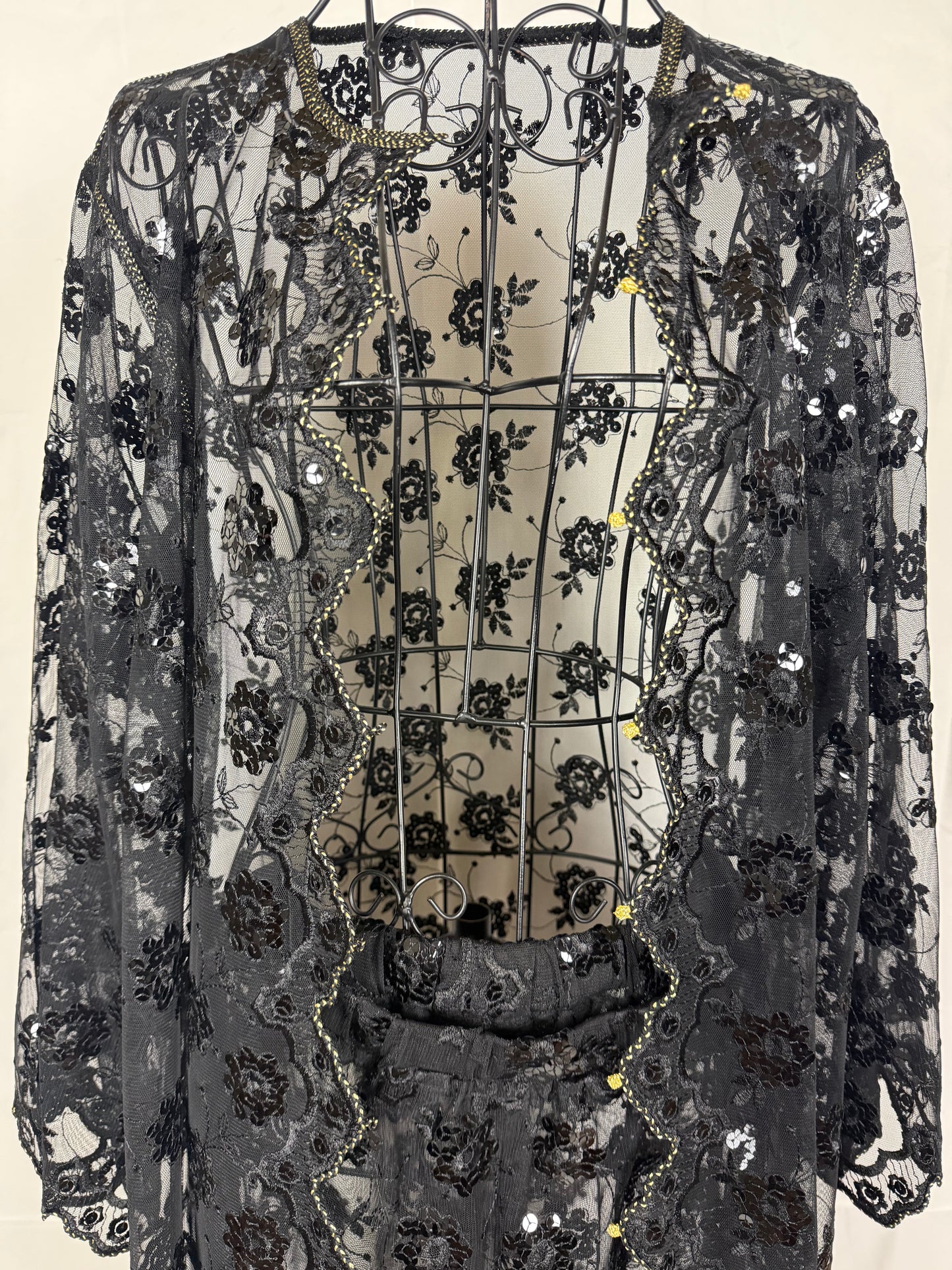 Completo Vintage Vestaglia Lunga e Pantaloni in Pizzo con Paillettes Nero - Pally Vintage Closet