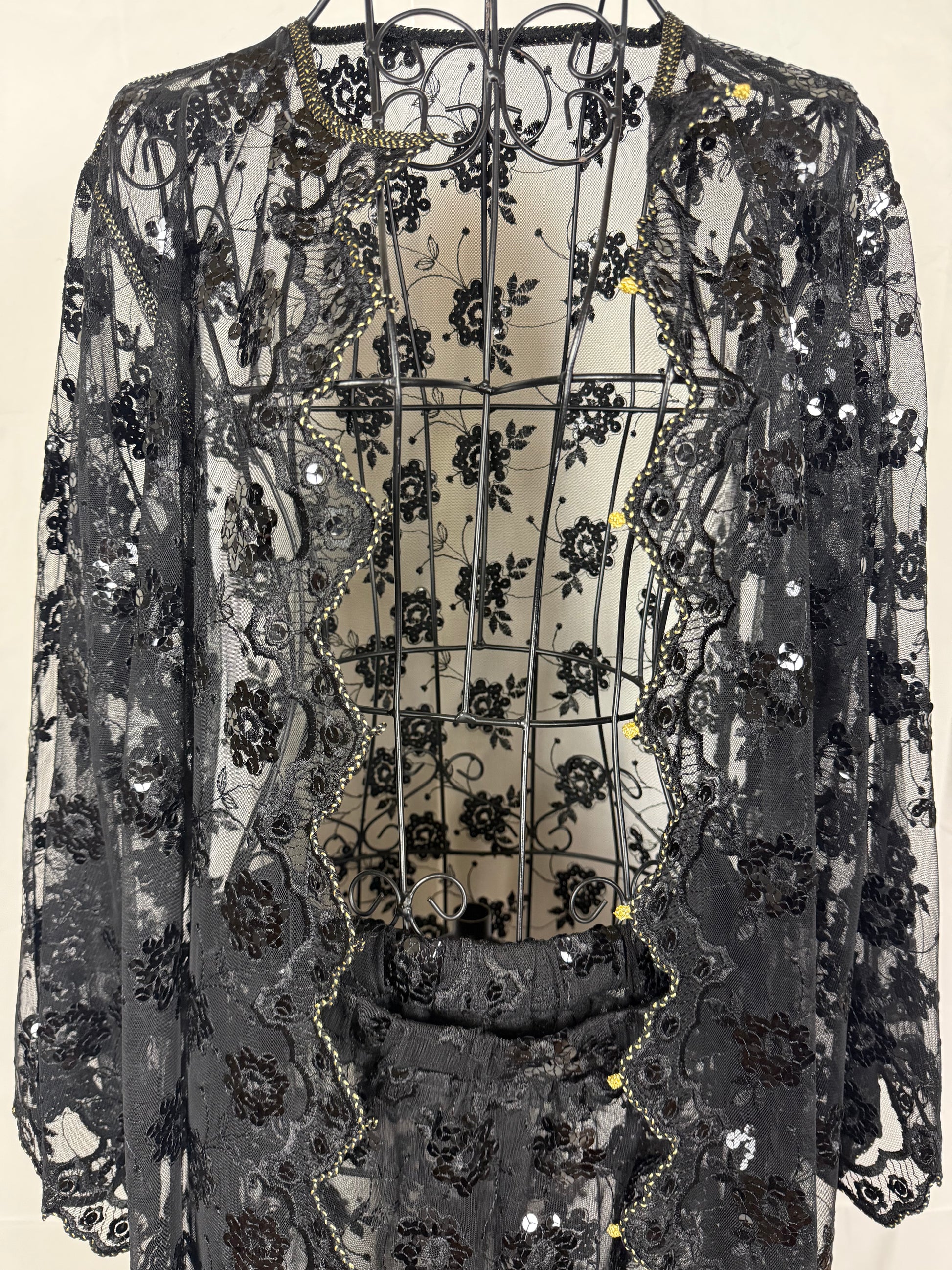 Completo Vintage Vestaglia Lunga e Pantaloni in Pizzo con Paillettes Nero - Pally Vintage Closet