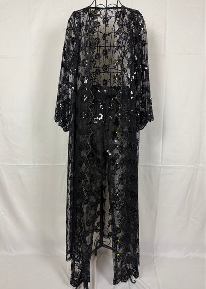 Completo Vintage Vestaglia Lunga e Pantaloni in Pizzo con Paillettes Nero - Pally Vintage Closet