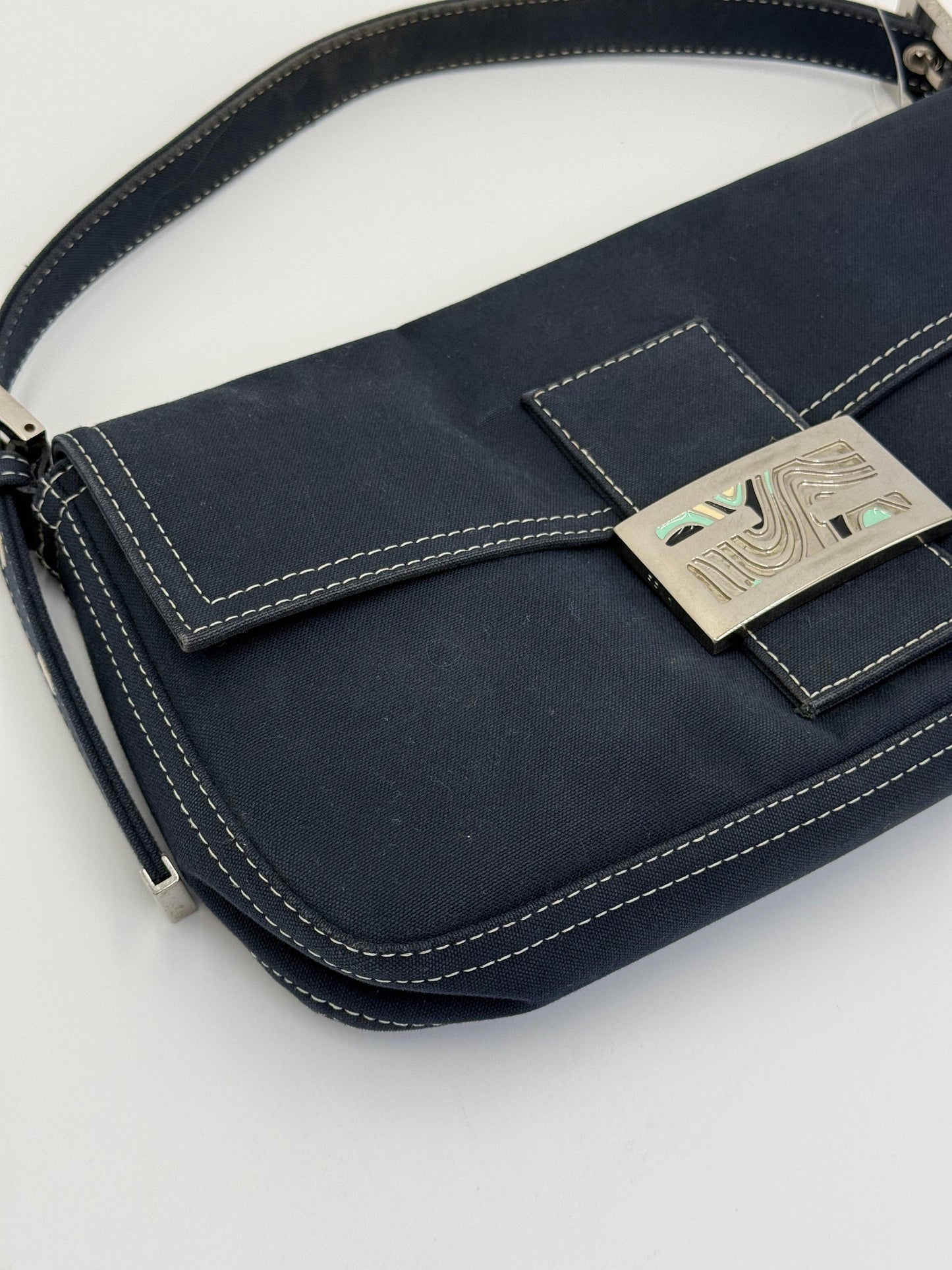 Fendi Vintage Navy Blue Denim Baguette Bag with Contrast Stitching
