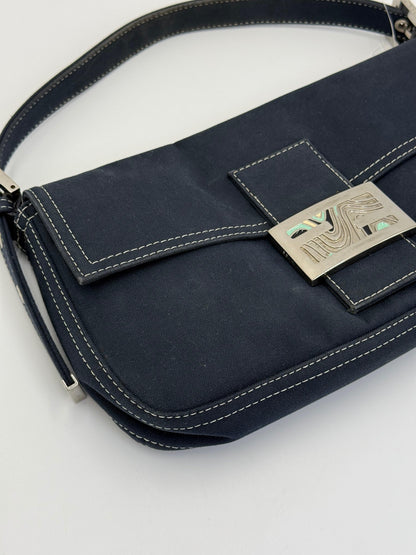 Fendi Vintage Navy Blue Denim Baguette Bag with Contrast Stitching
