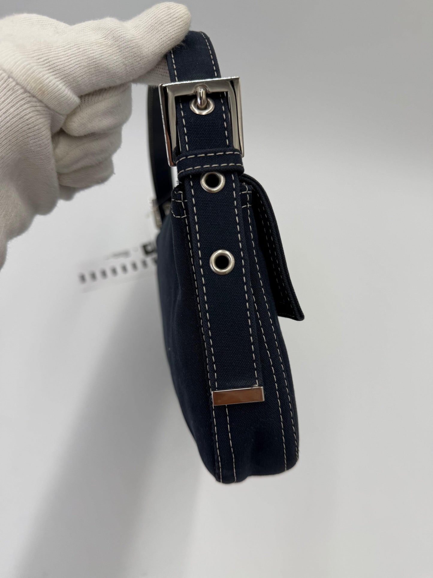 Fendi Vintage Navy Blue Denim Baguette Bag with Contrast Stitching