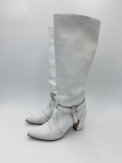Miu Miu White Crackled Leather Knee-High Boots