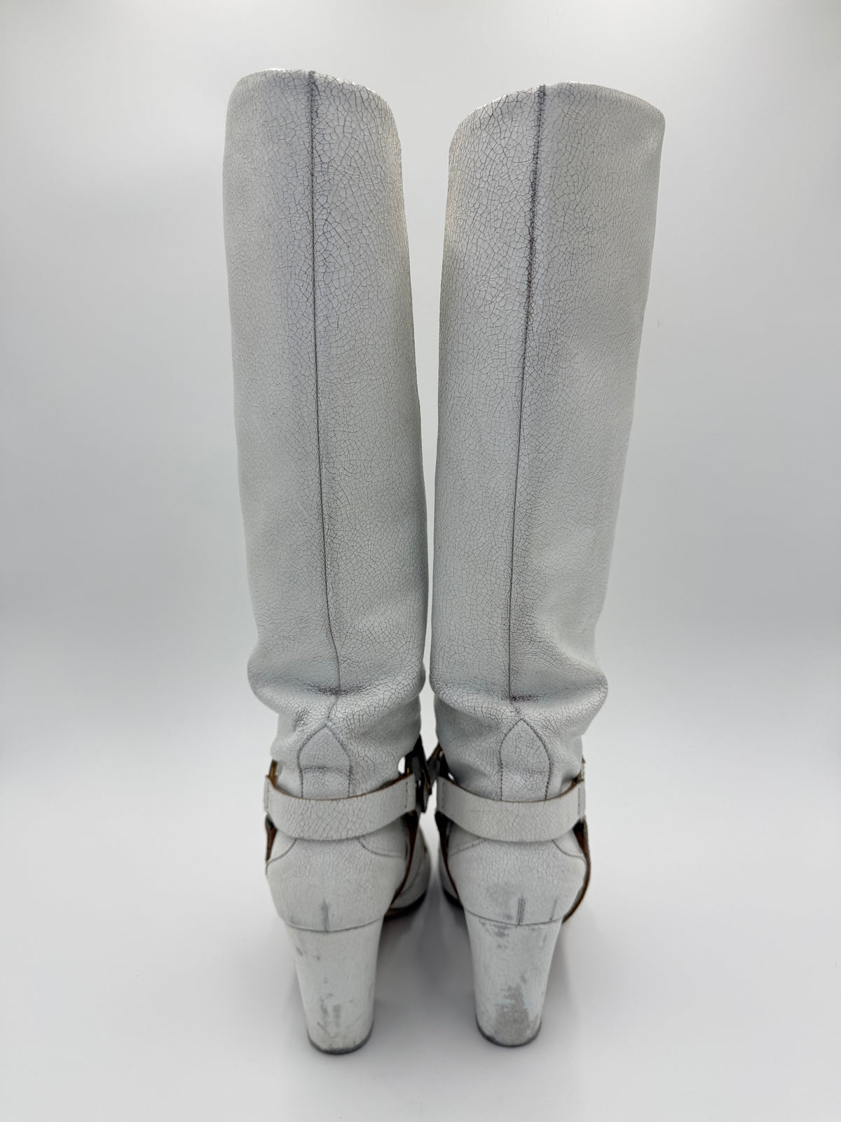 Miu Miu White Crackled Leather Knee-High Boots