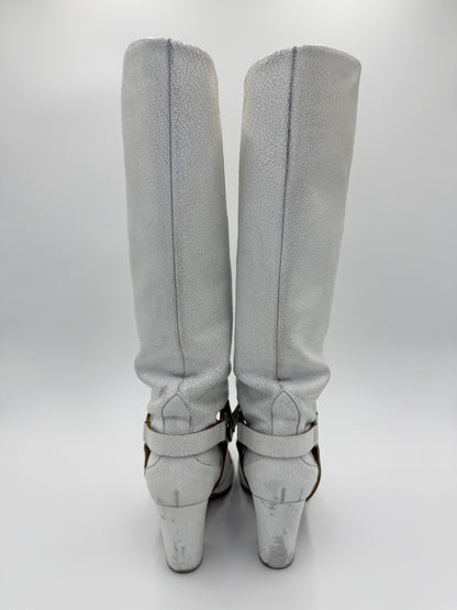 Miu Miu White Crackled Leather Knee-High Boots