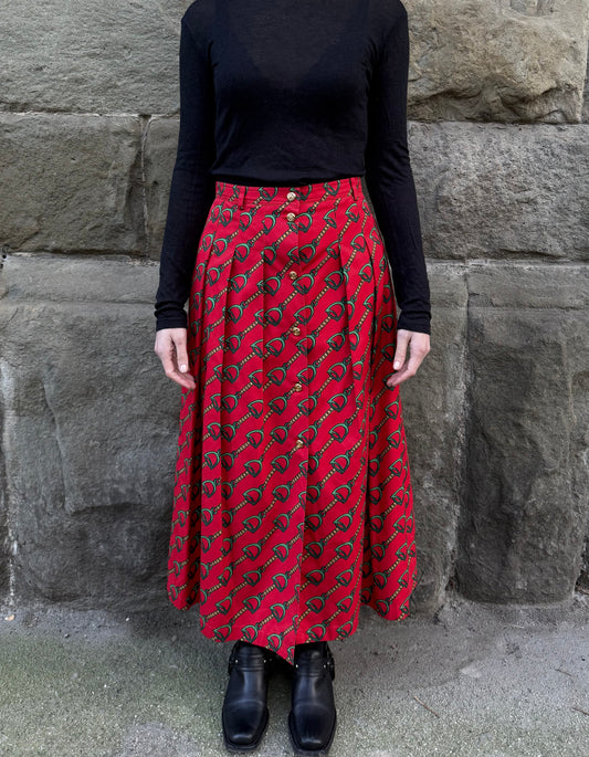 Gucci Gonna a Pieghe con Stampa Equestre Stirrup Midi Rossa - Pally Vintage Closet