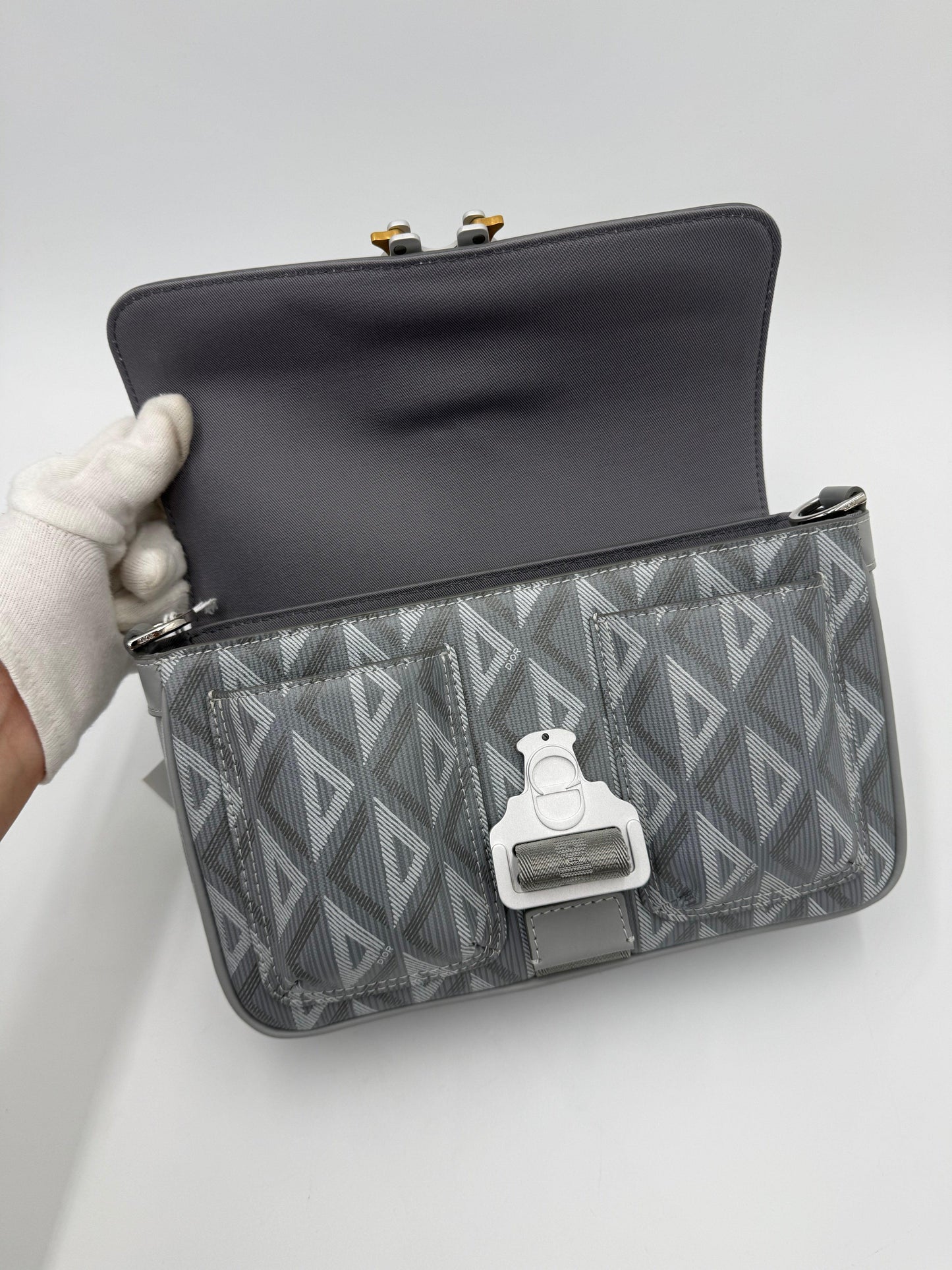 Dior CD Diamond Messenger Bag in Gray Canvas and Leather