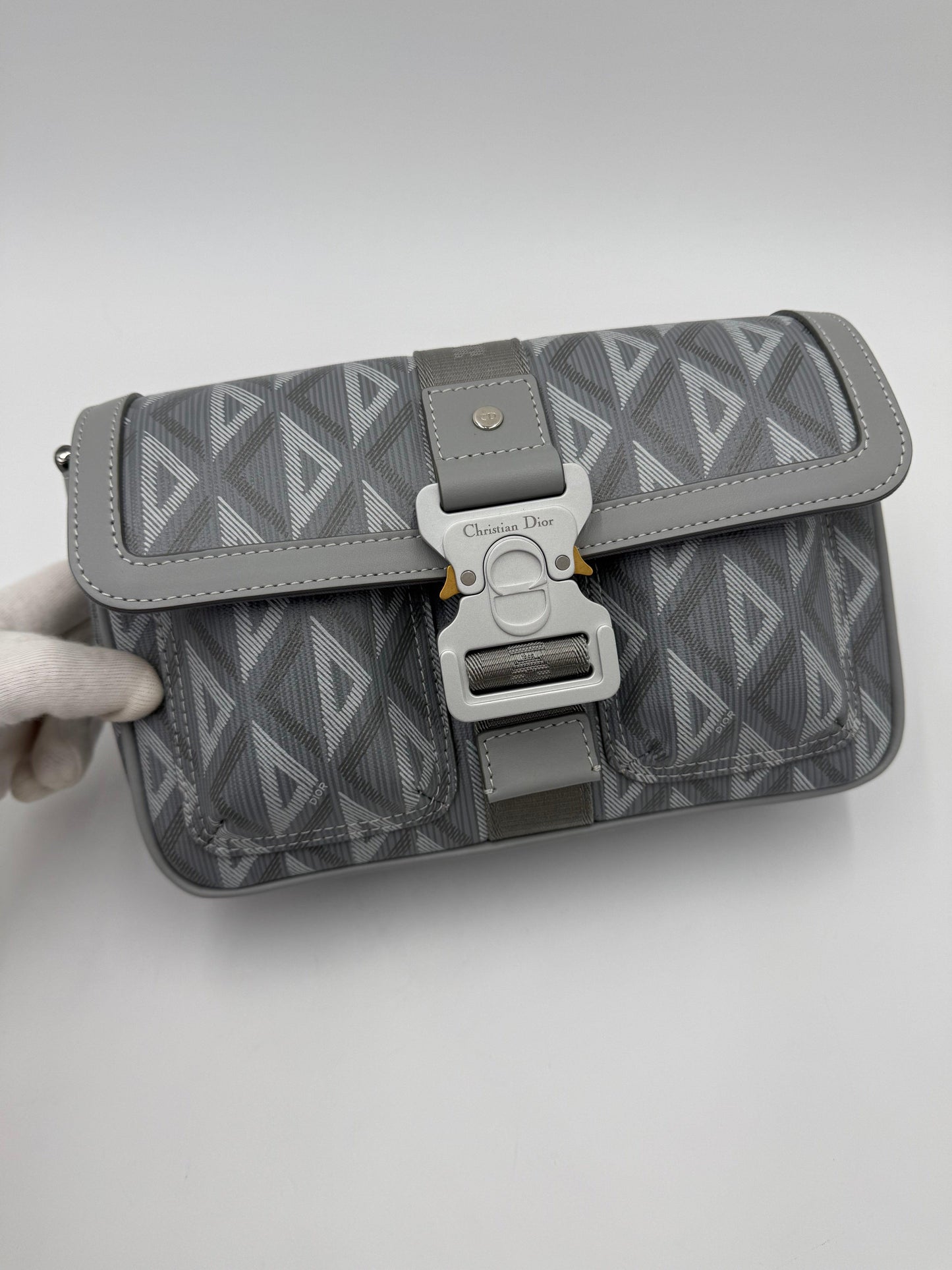 Dior CD Diamond Messenger Bag in Gray Canvas and Leather
