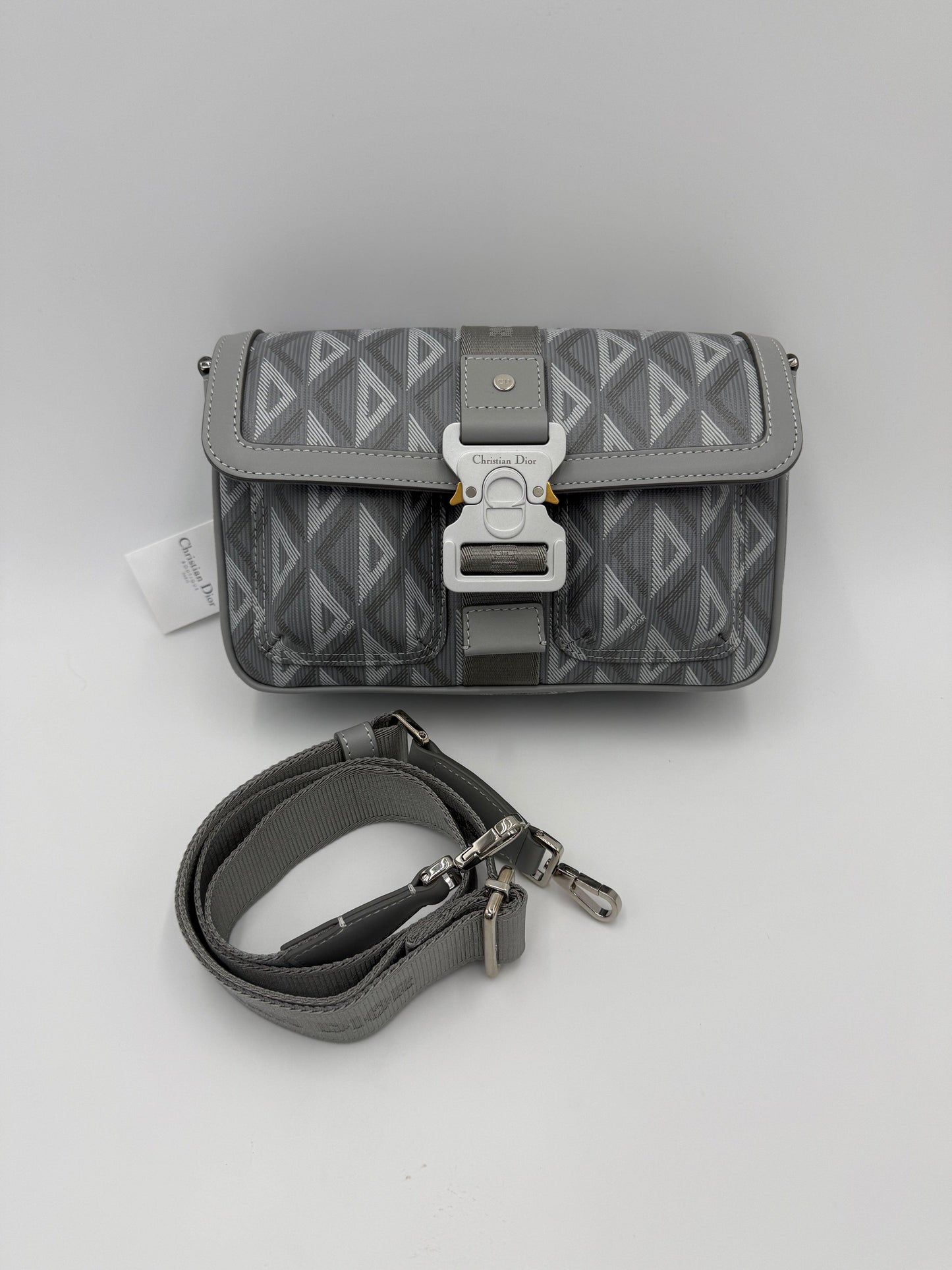 Dior CD Diamond Messenger Bag in Gray Canvas and Leather