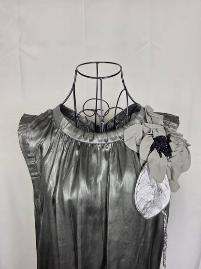 Dolce e Gabbana Top Seta Metallizzata con Spilla Floreale Argento - Pally Vintage Closet