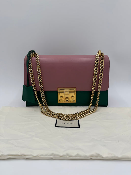 Gucci Borsa a Spalla Padlock in Pelle Bicolore Rosa e Verde