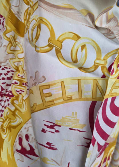 Celine Foulard Vintage con Catene Dorate e Bordo Blu