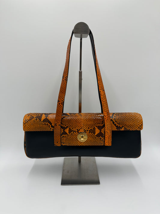 Bulgari Borsa Vintage in Pelle di Serpente Arancione e Pelle Nera