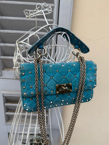 Valentino Garavani Borsa Rockstud Spike Small in Velluto Azzurro