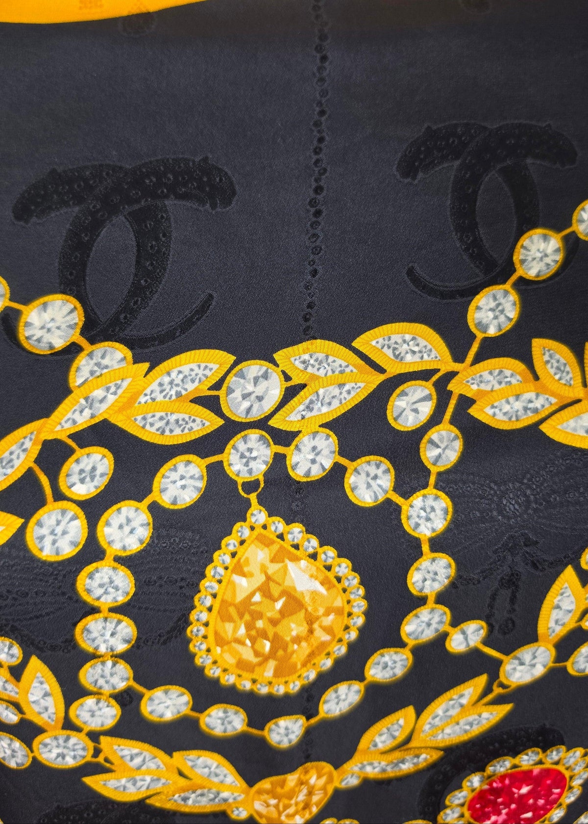 Vintage Must de Cartier Scarf in Black and Yellow Jewel Print