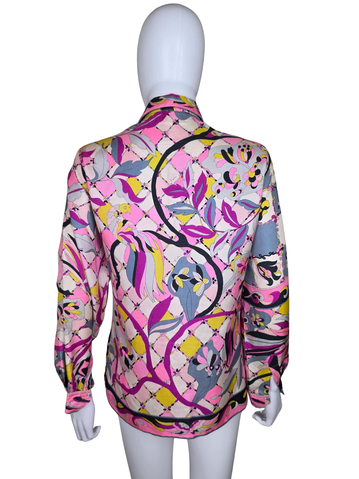 Emilio Pucci Camicia Vintage in Twill di Seta con Pattern Asimmetrico Rosa - Pally Vintage Closet