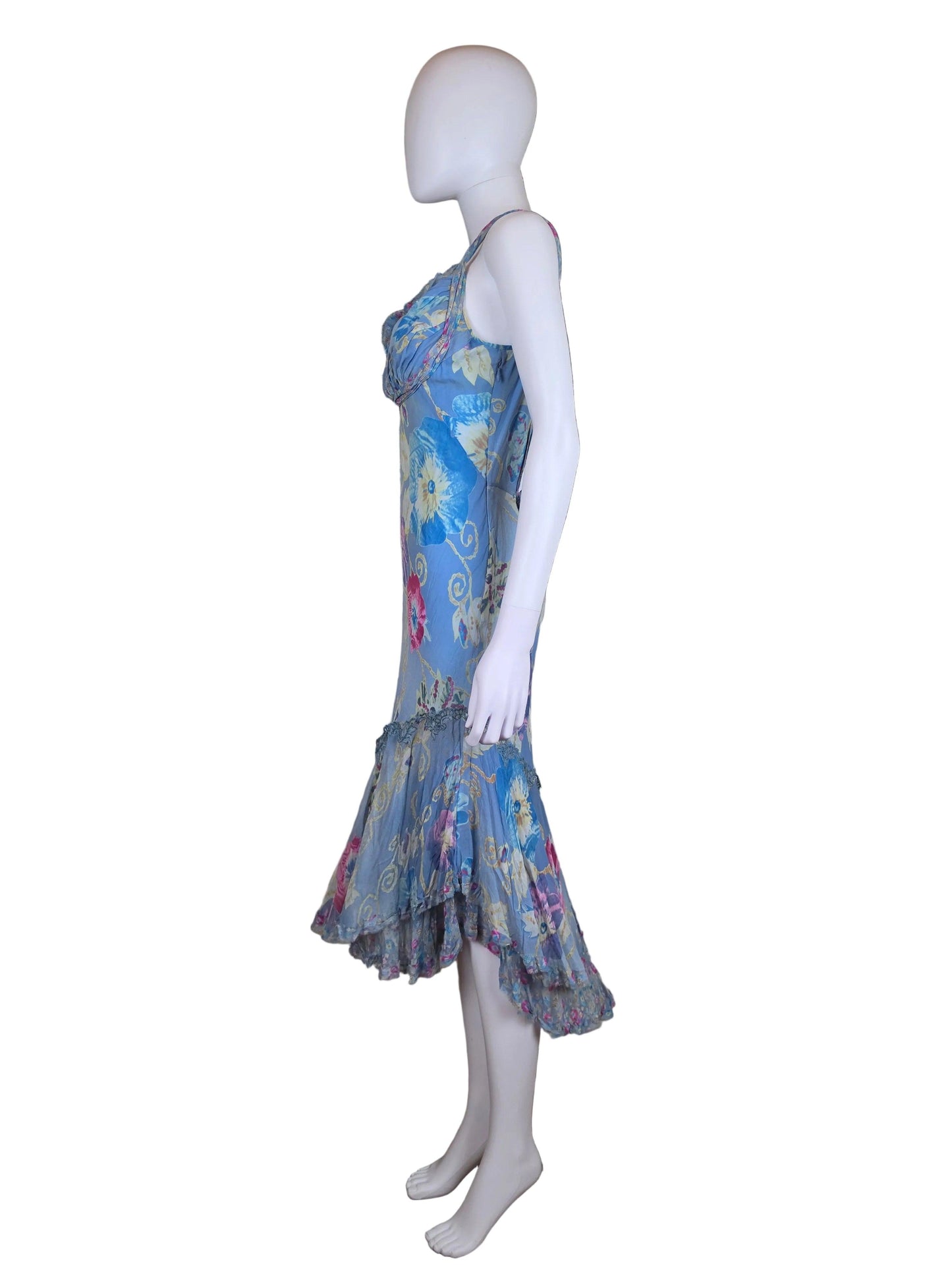 Ermanno Scervino Abito Midi Vintage Anni 2000 Floreale in Seta Celeste - Pally Vintage Closet