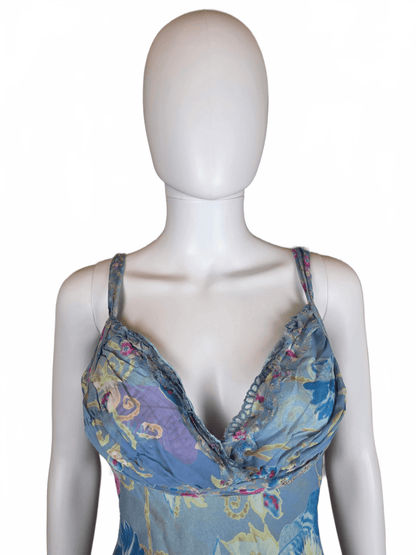 Ermanno Scervino Abito Midi Vintage Anni 2000 Floreale in Seta Celeste - Pally Vintage Closet