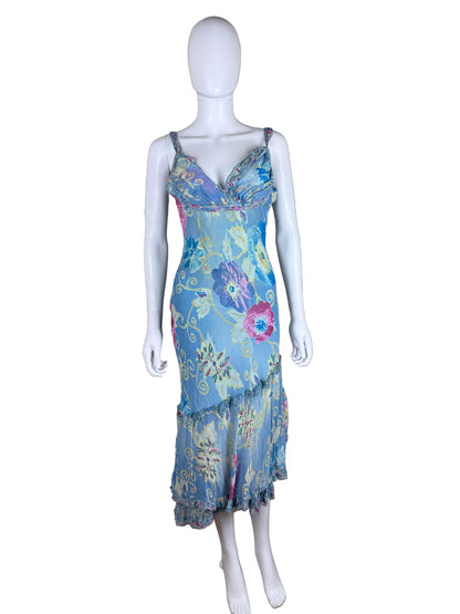 Ermanno Scervino Abito Midi Vintage Anni 2000 Floreale in Seta Celeste - Pally Vintage Closet