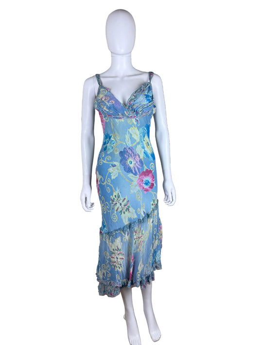 Ermanno Scervino Abito Midi Vintage Anni 2000 Floreale in Seta Celeste - Pally Vintage Closet