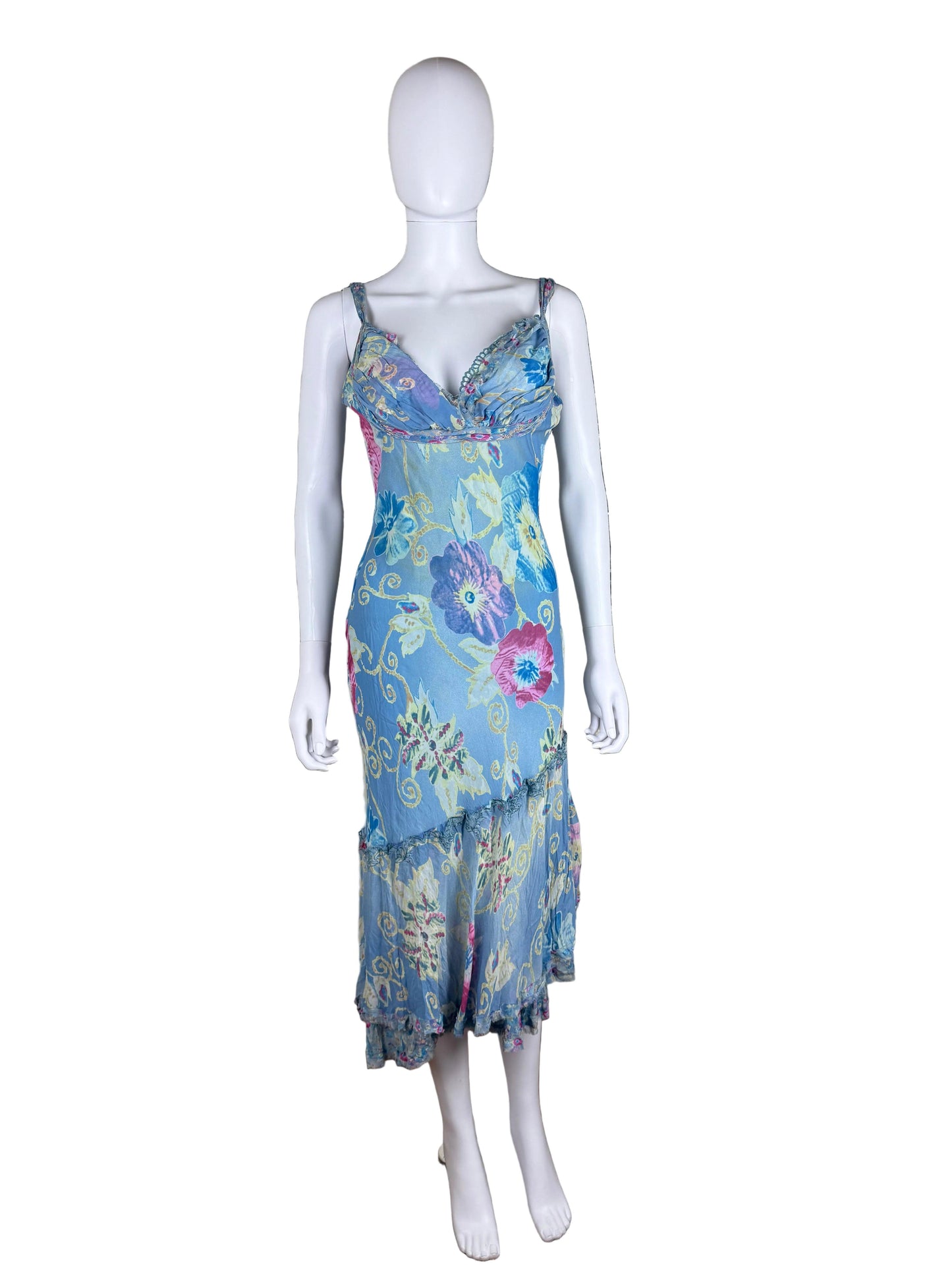 Ermanno Scervino Abito Midi Vintage Anni 2000 Floreale in Seta Celeste - Pally Vintage Closet