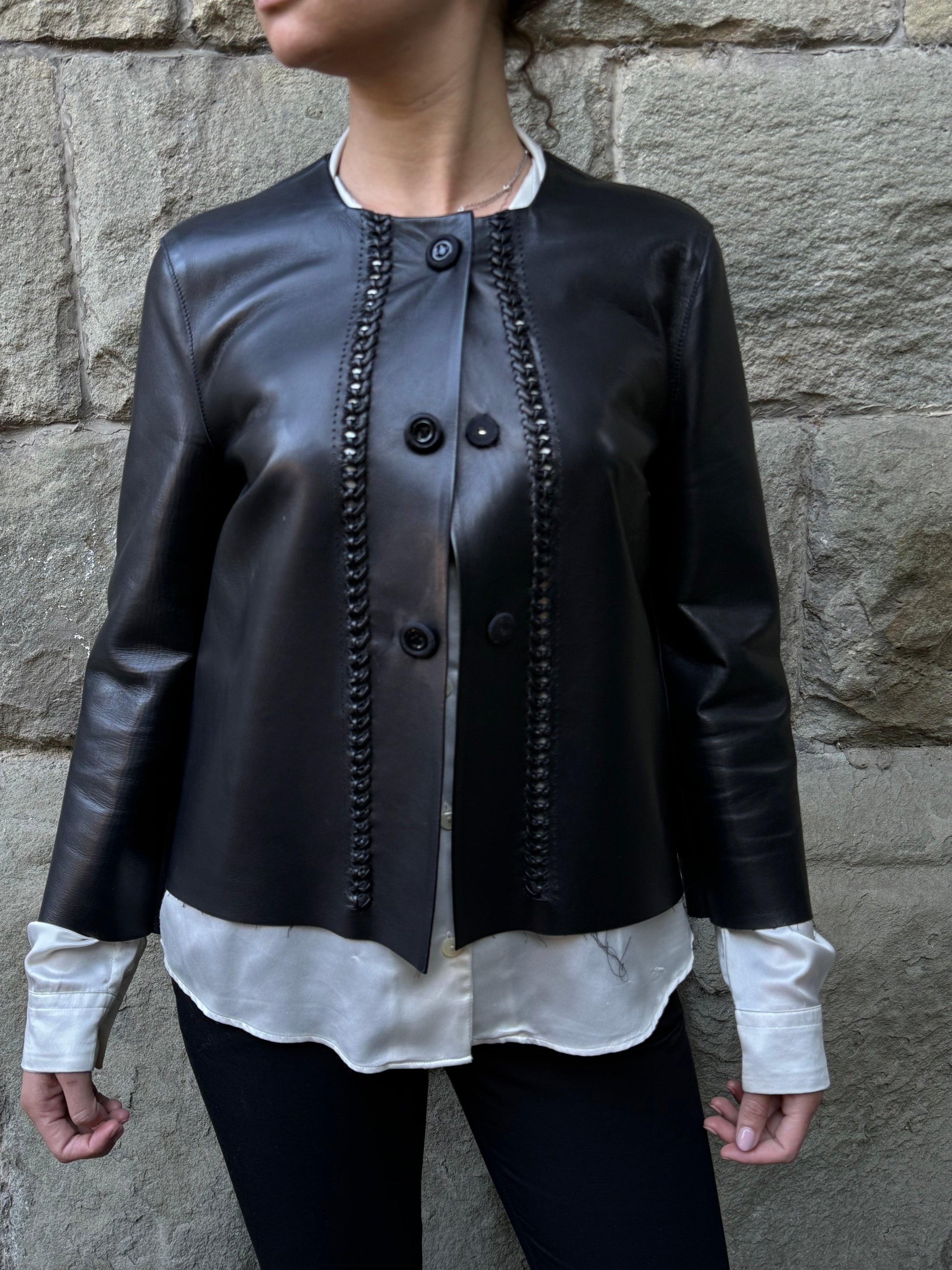 Ermanno-Scervino-Giacca-in-Pelle-con-Dettagli-Intrecciati-Nero-70397350117700 - Pally Vintage Closet