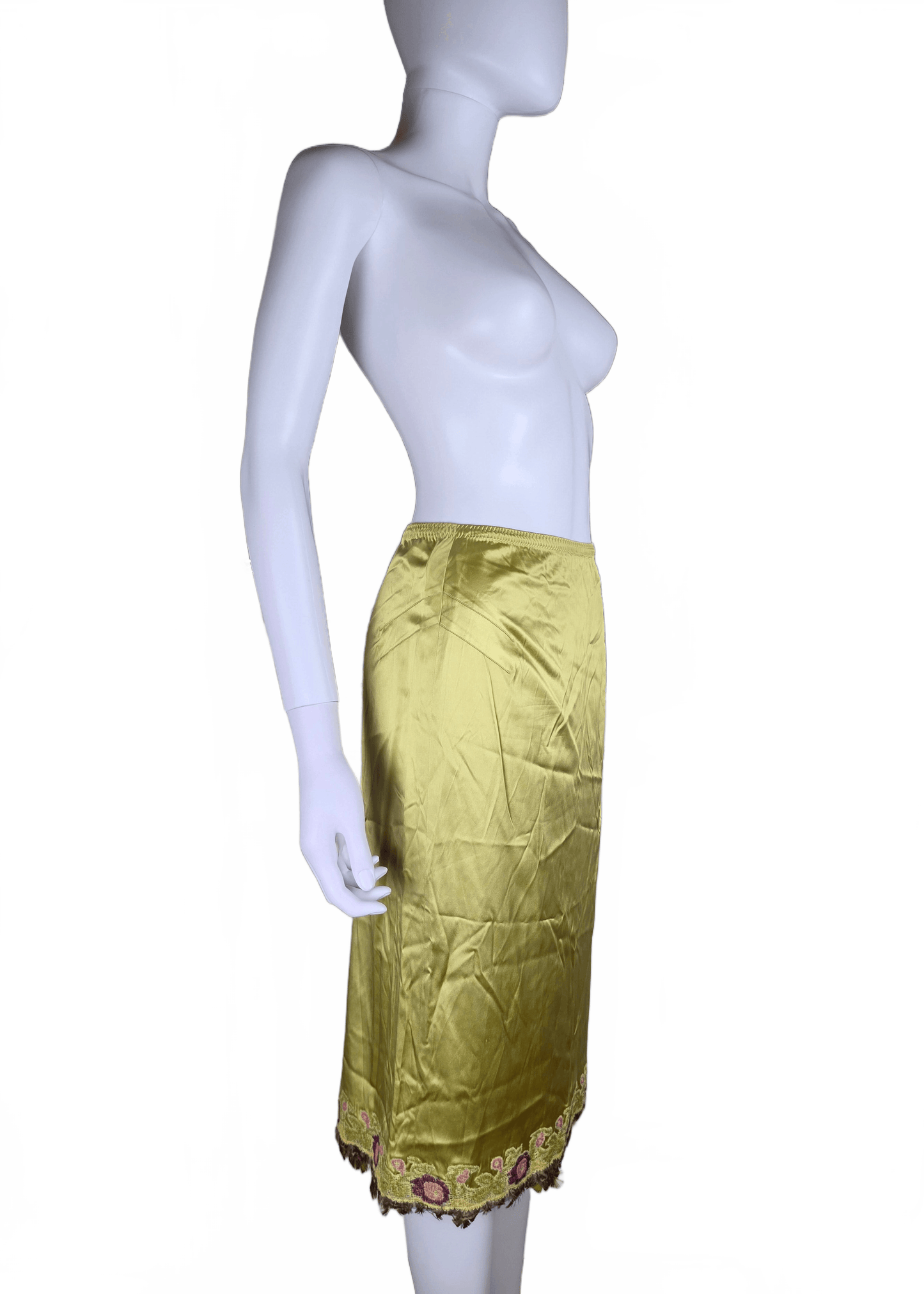 Ermanno Scervino Gonna Vintage in Seta con Ricami e Piume Verde Lime - Pally Vintage Closet