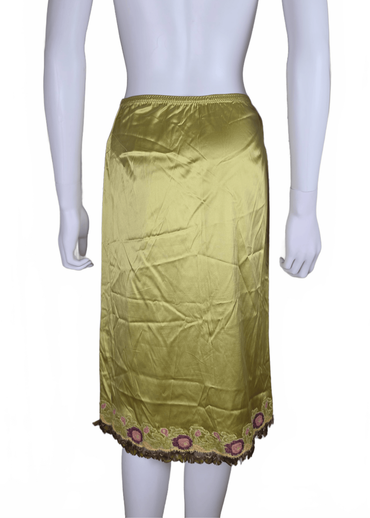 Ermanno Scervino Gonna Vintage in Seta con Ricami e Piume Verde Lime - Pally Vintage Closet