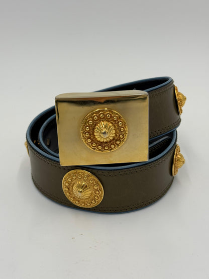 Escada Olive Green Leather Vintage Belt with Gold Medallions