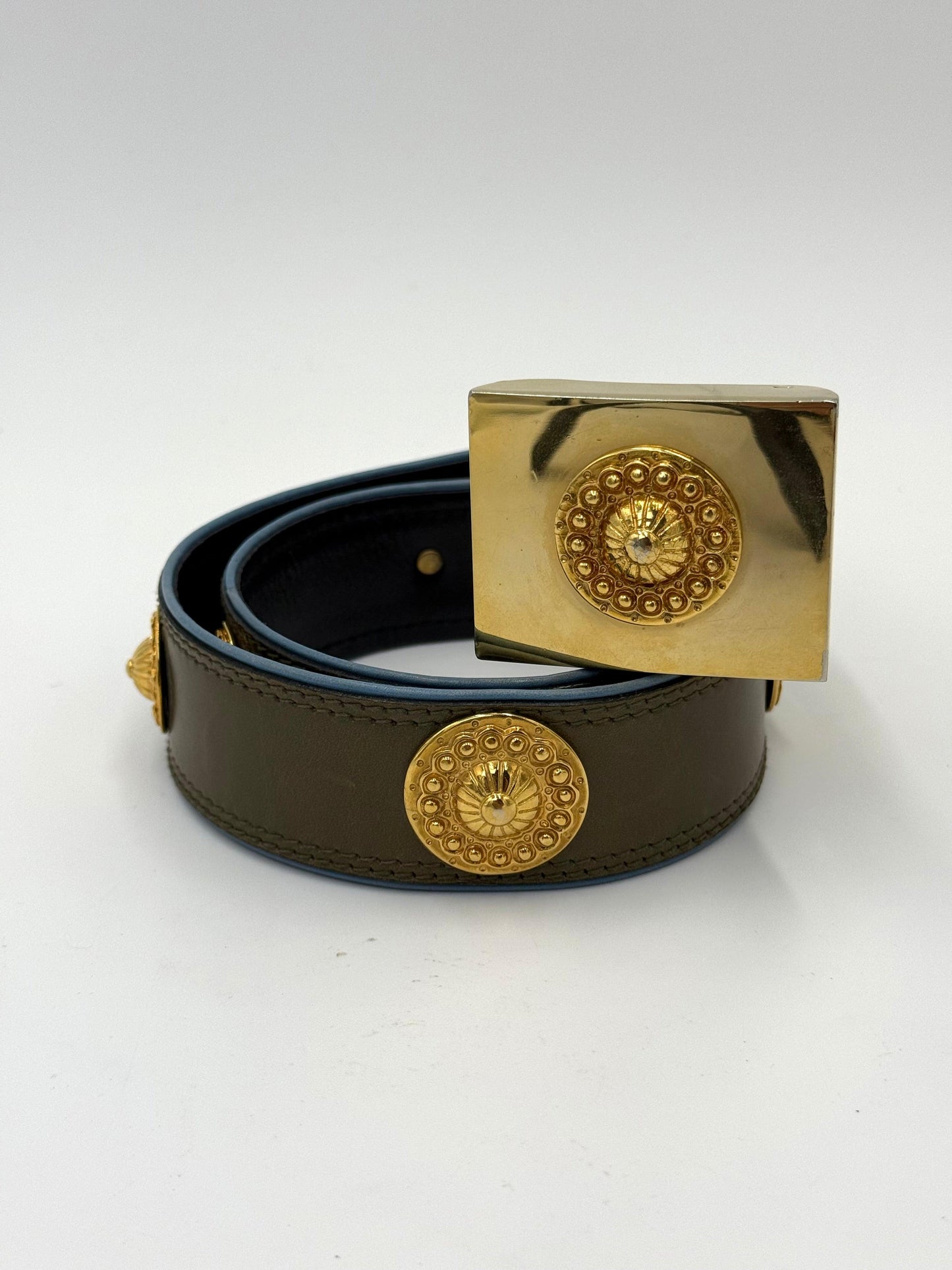 Escada Olive Green Leather Vintage Belt with Gold Medallions