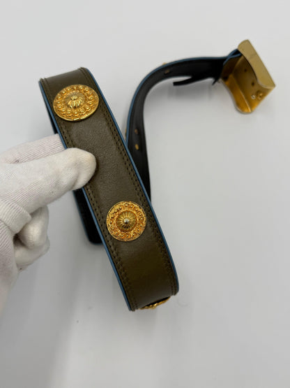 Escada Olive Green Leather Vintage Belt with Gold Medallions