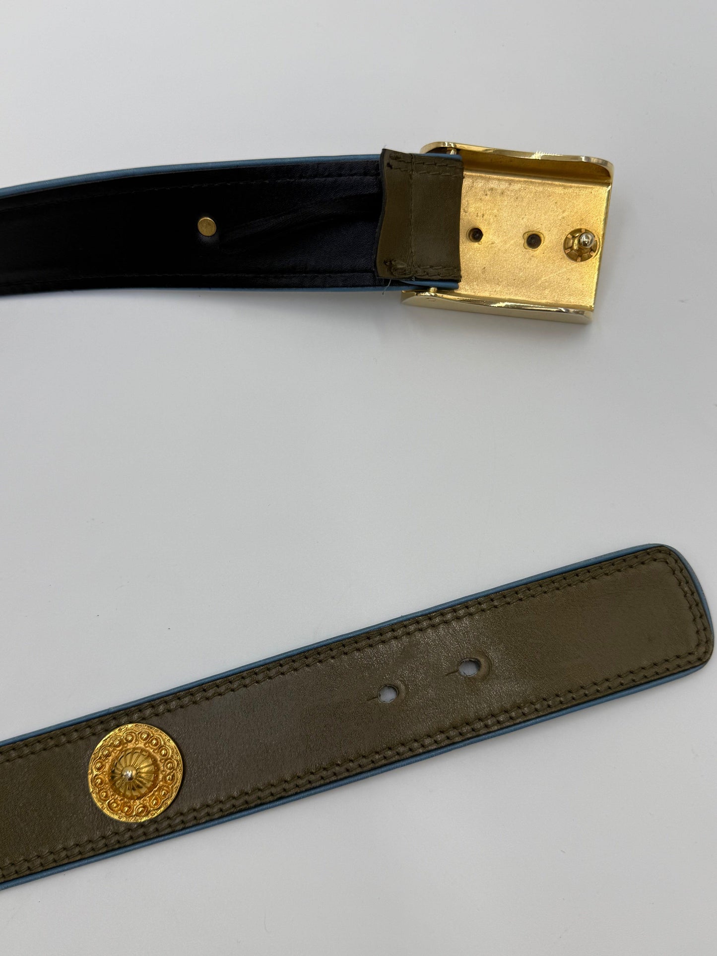 Escada Olive Green Leather Vintage Belt with Gold Medallions