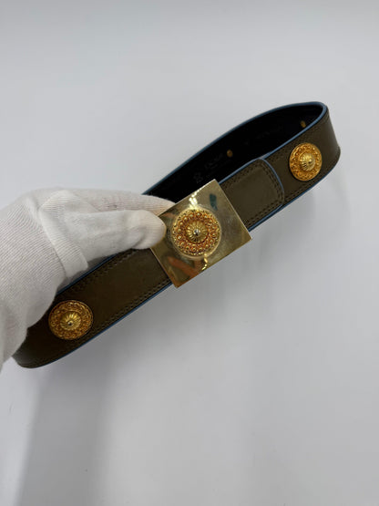 Escada Olive Green Leather Vintage Belt with Gold Medallions
