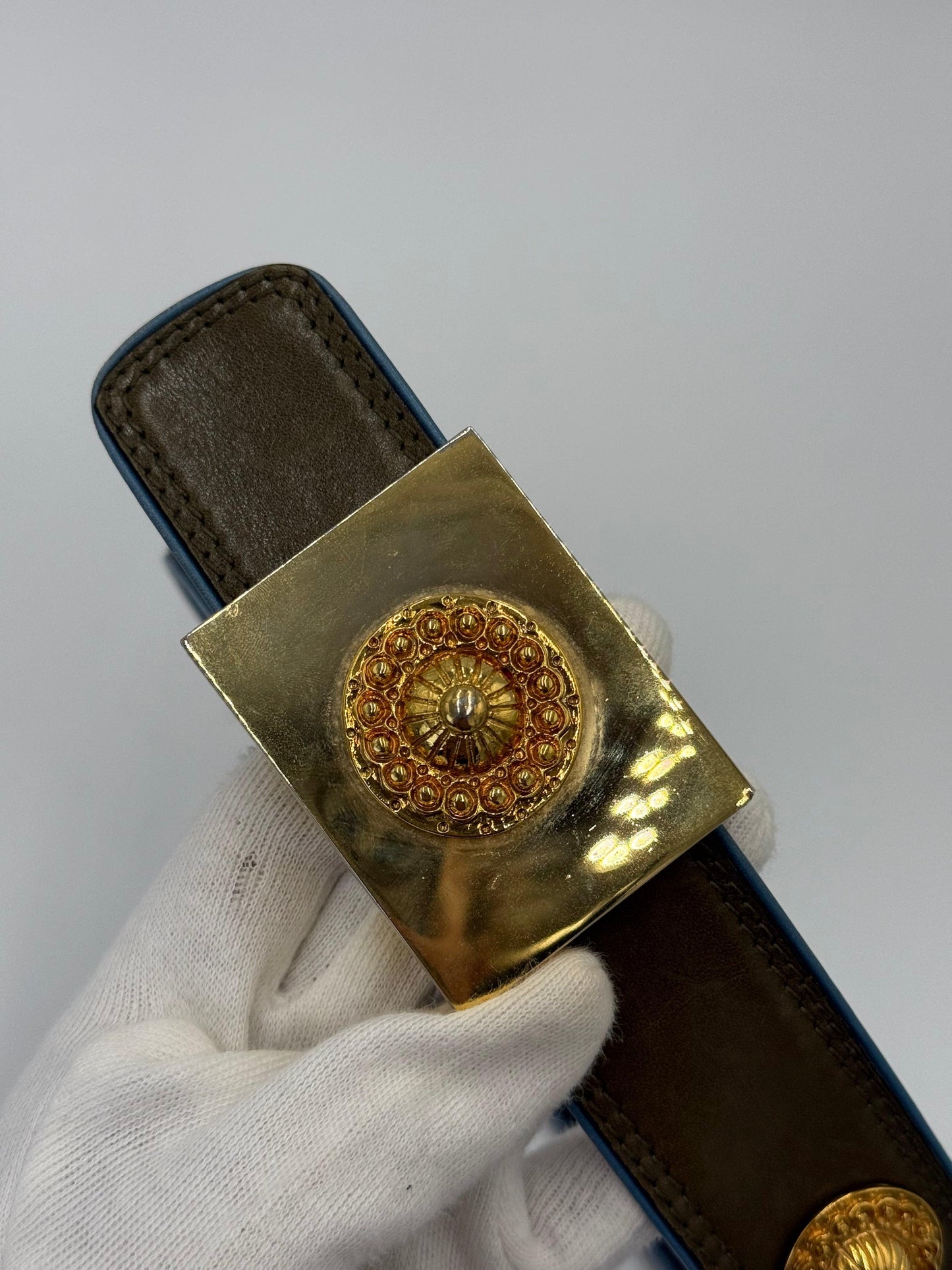 Escada Olive Green Leather Vintage Belt with Gold Medallions