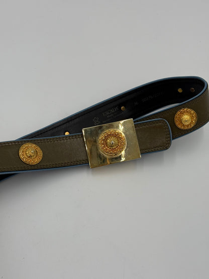 Escada Olive Green Leather Vintage Belt with Gold Medallions
