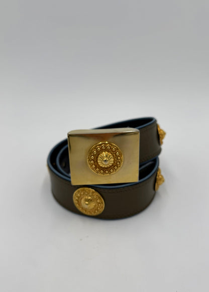 Escada Olive Green Leather Vintage Belt with Gold Medallions