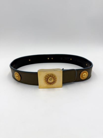Escada Olive Green Leather Vintage Belt with Gold Medallions