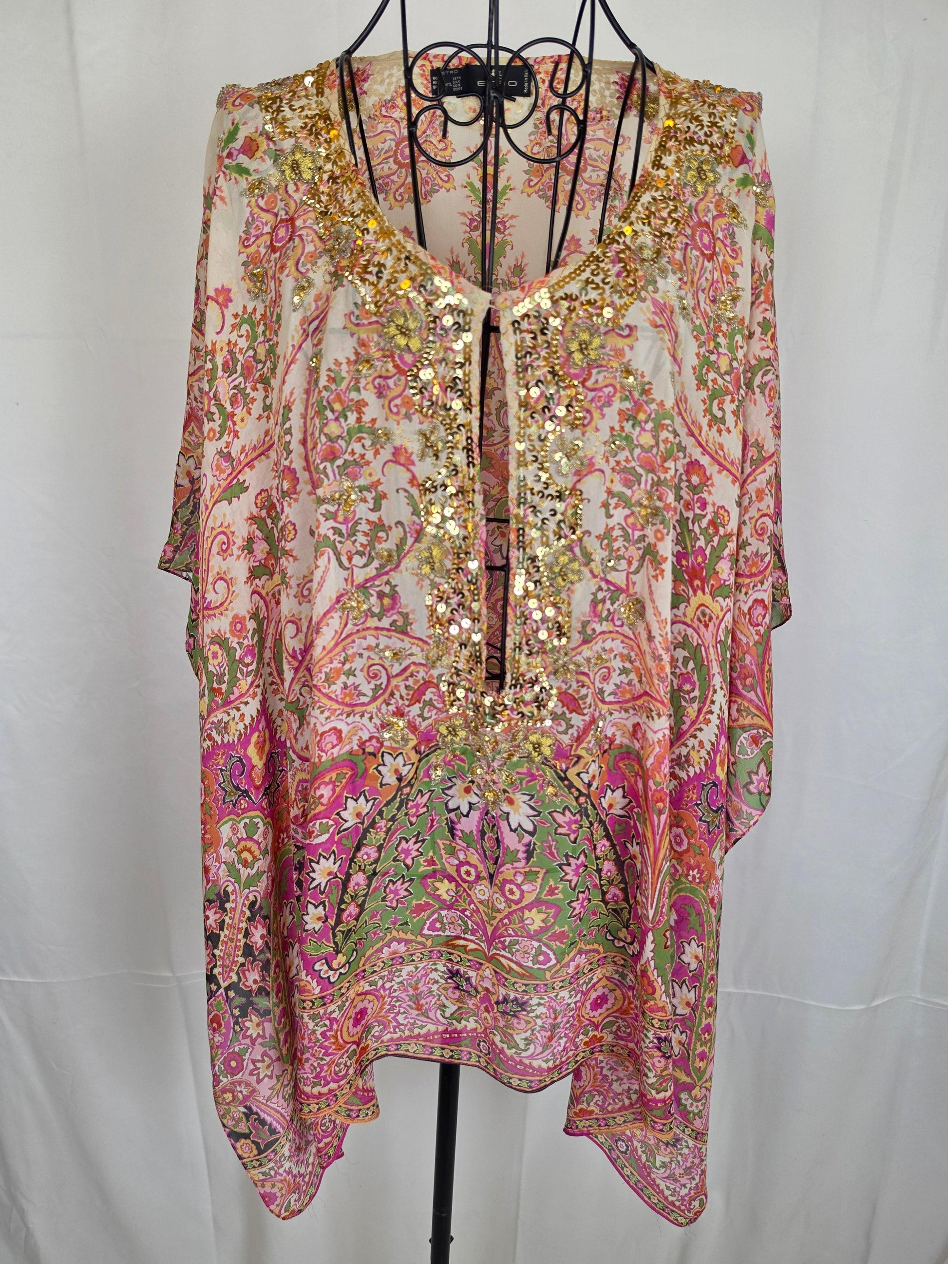 Etro Milano Kaftano Copricostume Seta con Ricami Rosa - Pally Vintage Closet