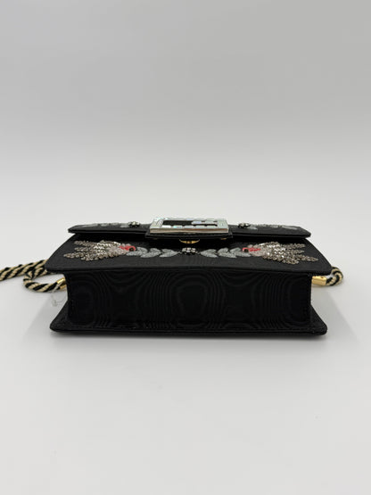 Gucci Borsa a Tracolla Broadway Crystal 'G' in Gros-Grain Ricamato Nero