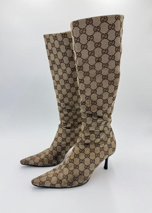 Gucci Vintage Knee-High Boots by Tom Ford GG Monogram Beige Canvas